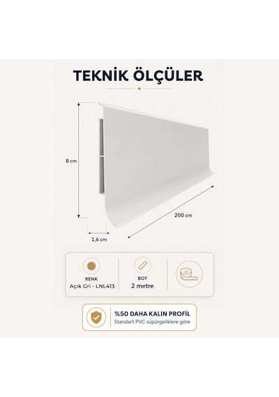 Linela Suya Dayanıklı Pvc Süpürgelik 8 Cm - Açık Gri - Lnl413