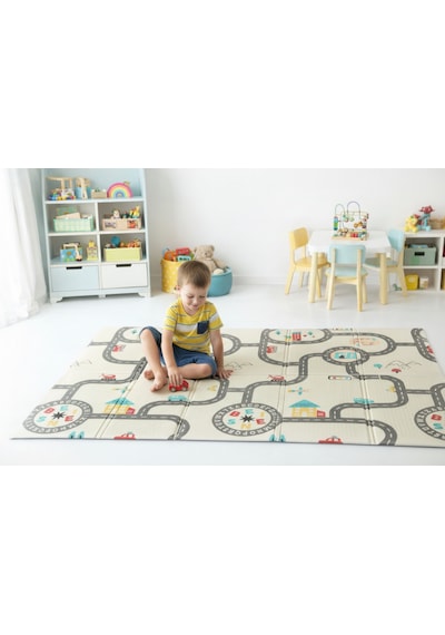 Pureza Çift Taraflı Katlanabilir Oyun Matı 200cmx130cmx1cm Kaymaz, Darbe Emici, Su Geçirmez, Bebek Ve Çocuklar İçin, Yeşil Parkur/Araba Yarışı, Taşıma Çantası Hediyeli Yerli Üretim