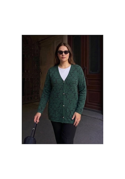 Onno Style Women Kalp Desenli Klasik Triko Düğmeli Ceket Yeşil
