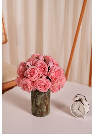 Fuşya Yapay Lüx Gül Buketi 6 Dallı Premium Canlı Islak Dokulu 30 Cm