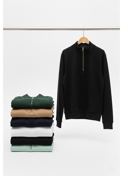 Rizzup Erkek Beyaz Relax Fit İçi Polarlı %100 Pamuk Yarım Fermuarlı Dik Yaka Sweatshirt 2600760