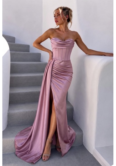 Butik İstanbul Kadın Yırtmaçlı Uzun Saten Elbise Açık Pembe