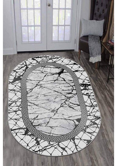 Gri Çerçeveli Kaymaz Tabanlı Yıkanabilir Oval Halı Ar975n11