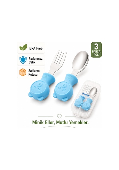 Jojobebek Kaşık Çatal Seti, Ergonomik Kısa Saplı Silikon, Paslanmaz Çelik Uçlu, Saklama Kutulu, (9-24 Ay) (MAVİ)