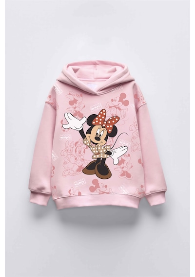 Kız Çocuk Minnie Baskılı Kapüşonlu Manşetli Sweatshirt Pembe