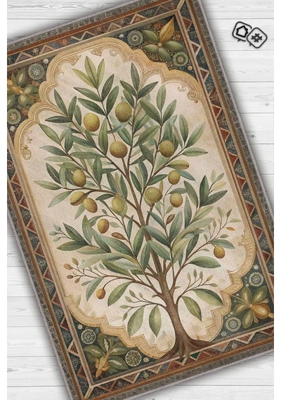 Homshtag Art Deco Zeytin Ağacı Halısı Bitki Temalı Soft Yeşil Renk Etnik Dijital Baskı Çiçekli Halı Çok Renkli