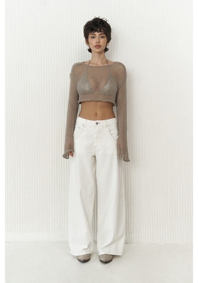 Mai Collection Mai Studios Co. Nolan Keten Karışımlı Geniş Paça Ekru Pantolon Ekru