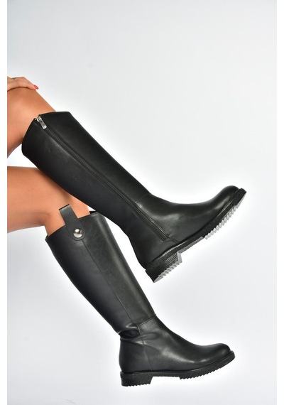 Fox Shoes V965012009 Siyah Düz Tabanlı Klasik Kadın Çizme Siyah-Suni Deri