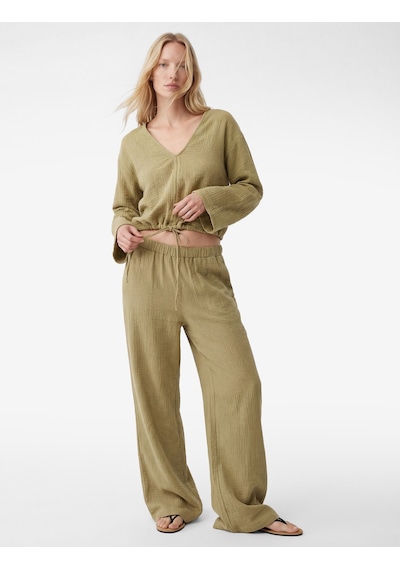 Koton Beli Lastikli Pamuklu Geniş Paça Müslin Pantolon Ada Çayı 6sak40147uw Açık Yeşil