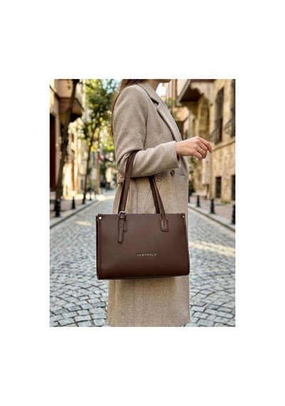 Just Polo Kadın Yeni Sezon Yumuşak Deri Büyük Boy Fermuarlı Lüks Tasarım El Çantası Shopper Kahverengi 77256232
