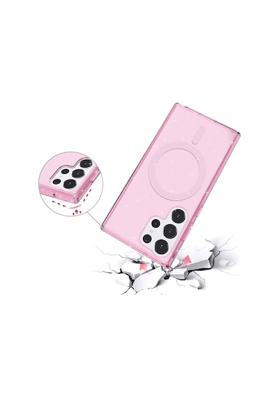Galaxy Uyumlu S23 Ultra Kılıf Magsafe Şarj Özellikli Parlayan Simli Saydam Renkli Uzrm Allstar Kapak - Pemb Pembe