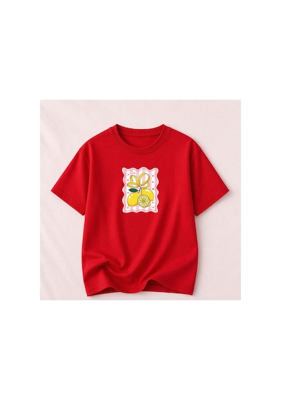 Herkesemoda Limon Baskı Detaylı Bisiklet Yaka Pamuklu Basic T-shirt Kırmızı