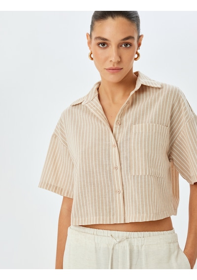 Koton Tek Cep Detaylı Kısa Kollu Çizgili Crop Gömlek Bej Çizgili 5sak60064pw Ekru Çizgili