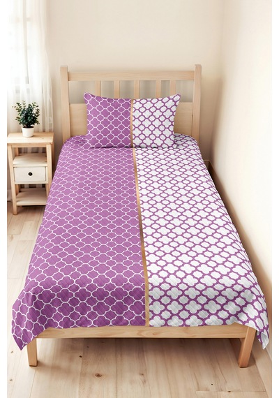 Mor Geometrik Dekoratif Pike Takımı - Lila Beyaz Kapitone Yatak Örtüsü Seti Tek Kişilik 160x220 Cm Kadife Koru Havası
