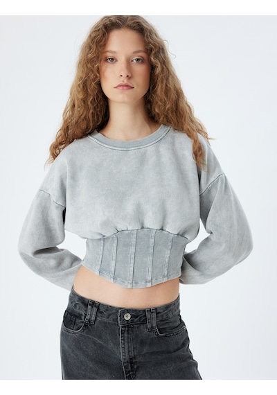Koton Crop Sweat Korse Detaylı Bisiklet Yaka Yıkamalı Slim Fit Gri 5wal10177ık Gri