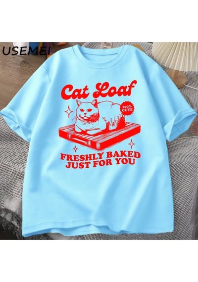 Flood Of Style Komik Kedi Loaf T-shirt Erkek Kadın Retro Tişörtleri Kedi Sevgilisi Grafik Tees Unisex Yaz Pa Mavi