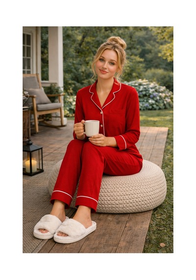Rindahomewear Kadın Pamuklu Ara Biyeli Düğmeli Biyeli Pijama Takımı Kırmızı