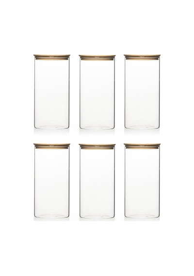 Tr 2-3 Bambu Vakumlu Kapaklı Yuvarlak Borosilikat Cam 6lı Kavanoz Seti Saklama Kabı 1300ml 10x20cm Genel