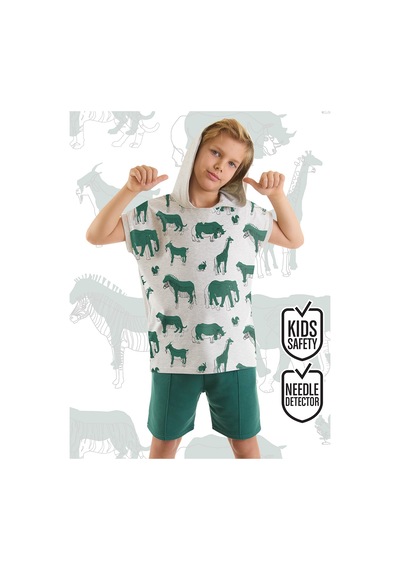 Animals Yeşil Erkek Çocuk Kapüşonlu Yazlık T-shirt Şort Takım