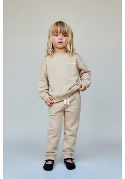Magu Kız Çocuk Pamuklu Oversize Sweatshirt Eşofman Alt Takım - Rahat Ve Şık Krem