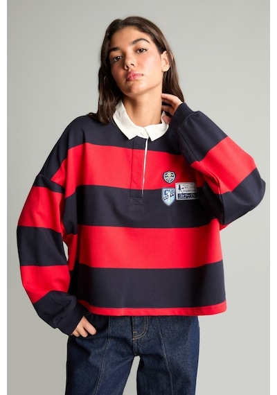 Defacto Loose Fıt Polo Yaka Renk Bloklu Nakışlı Sweatshirt H9944ax26aurd256 Kırmızı-rd256