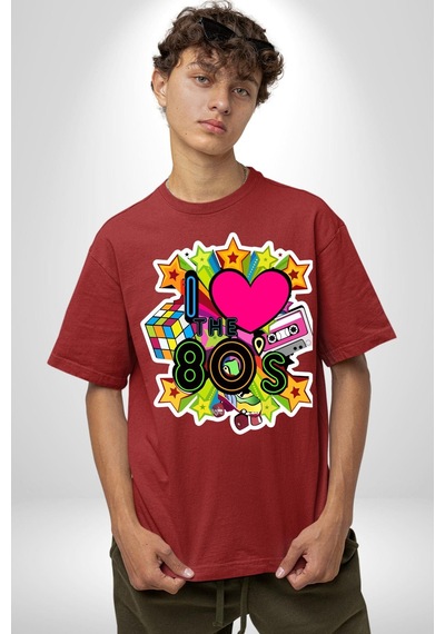 80leri Seviyorum Kaset Ve Özel Hediye Pamuklu Bisiklet Yaka Unisex Oversize Boyfriend Dijital Baskılı Kırmızı T-shirt Kırmızı