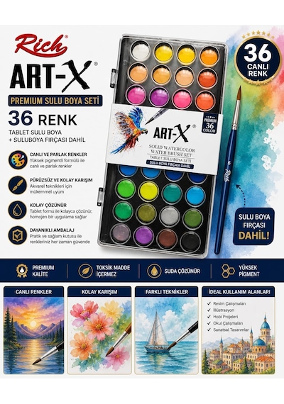 Art-x Premium Sulu Boya Seti, 36 Renk, Tablet Form, Suluboya Kalemi Dahil Çok Renkli