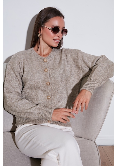 Lela Premium Regular Fit Bisiklet Yaka Yumuşak Dokulu Bayan Hırka 680Hi00147 Vizon