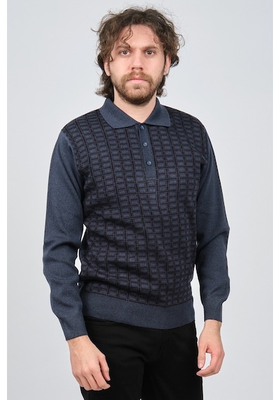 Ateş Triko Erkek Polo Yaka Desenli Yün Kazak 6092101 Indigo Indigo İndigo