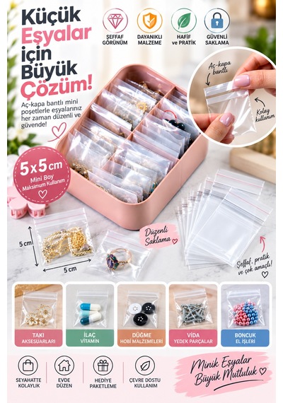 5x5 Cm Aç-kapa Bantlı Mini Şeffaf Poşet 1000 Adet