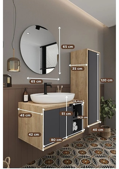 Gül 80 Cm %100 Mdf Lavabolu Banyo Dolabı Ayna Alt Dolap Lavabo Boy Dolabı Antrasit