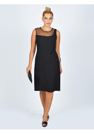 Nidya Moda Büyük Beden Tül Konbin Elbise-4011S Çok Renkli