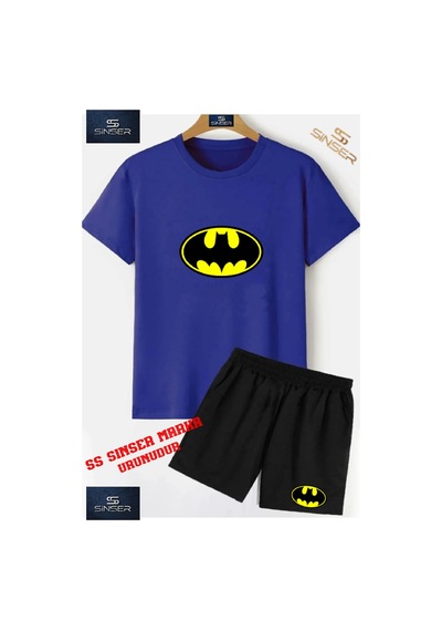 Ss Sinser Çocuk Batman Logo Özel Baskılı Bisiklet Yaka Tişört - Şort Alt - Üst Çocuk Takım Renk:mavı/sıyah