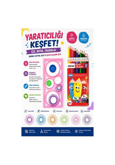 Sihirli Cetvel 1 Adet Ve Fatih 12 Li Kuru Boya 1 Paket Plastik Sihirli Daire Cetvel Desen Şablon Çizim Okul Hediye Çok Renkli