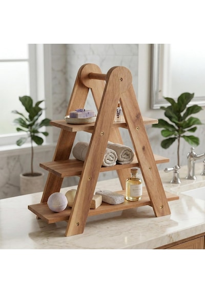 Doğal Akasya Ahşap 3 Katlı Sunum Standı - 37x12.3x37.5 Cm Çok Amaçlı Katlı Servis Tepsisi, Kurabiyelik Ve Peynir Sunumluğu Çok Renkli