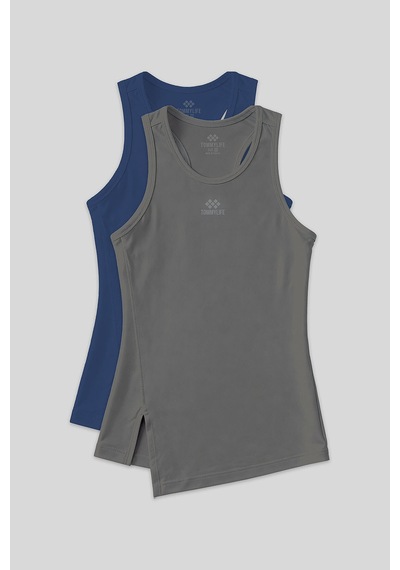 TOMMYLIFE Standart Kalıp O Yaka 2li Paket İndigo-koyu Gri Kadın Spor Atlet - 97256 İndigo Melanj