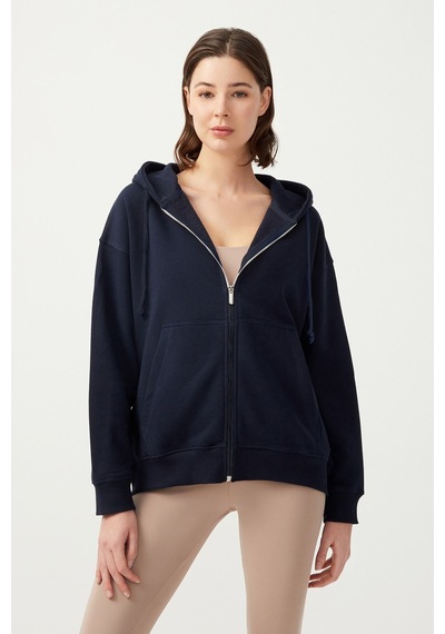 Los Ojos Kadın Lacivert Kapüşonlu Oversize Şardonlu Fermuarlı Örme Sweatshirt Lacivert