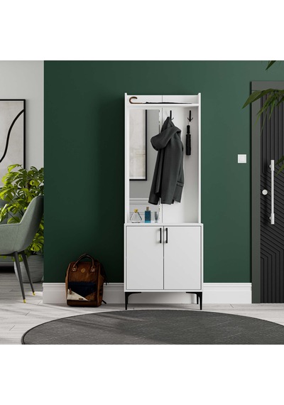 5020 Royal Sol Aynalı 2 Kapaklı 2 Askılı Portmanto Beyaz