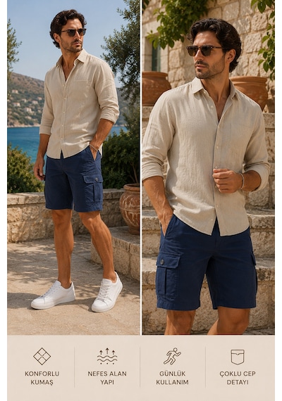Serseri Jeans Erkek Likralı Kargo Şort Rahat Kalıp Çok Cepli Premium Günlük Casual Yazlık Şort İndigo
