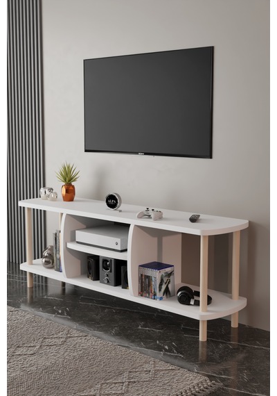 Modern Tv Ünitesi Ahşap Raflı 2 Katlı 4 Raflı Televizyon Sehpası Televizyon Ünitesi Beyaz