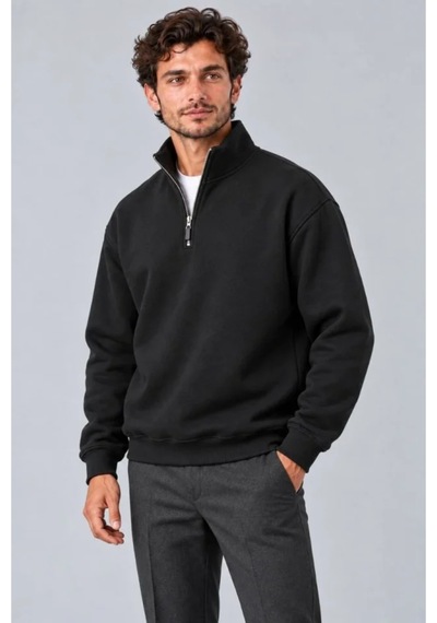 Butik İstanbul Erkek Üç İplik İçi Şardonlu Dik Yaka Yarım Fermuarlı Kışlık Sweatshirt - Siyah