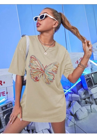 Renkli Kelebek Dijital Baskılı Unisex Bej - Siyah Oversize T-shirt Bej