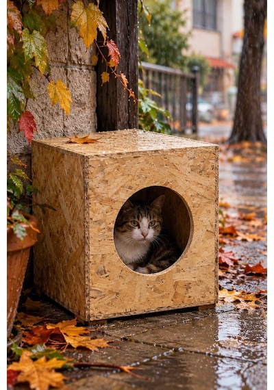 Reyo 40x30x30 cm Kedi Evi Ahşap Kedi Yuvası, Sokak Kedileri için Barınak CAT05