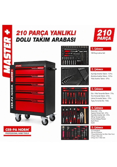 Cerpa Norm 210 Parça 5 Çekmeceli Yanlıklı Takım Arabası Dolu Diğer