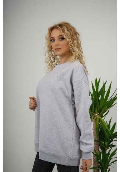 Kadın Gri Bisiklet Yaka Sweatshırt Gri