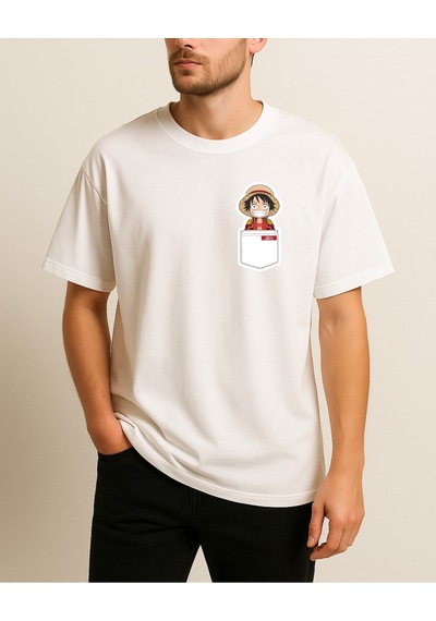 One Piece Cep Tasarımlı Baskılı T-shirt Beyaz