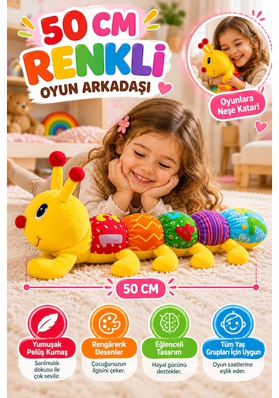 Desenli Tırtıl Pelüş Oyuncak 50 Cm Sarı Renkli Yumuşak Welsoft Kumaş Sevimli Çocuk Oyun Arkadaşı Şık