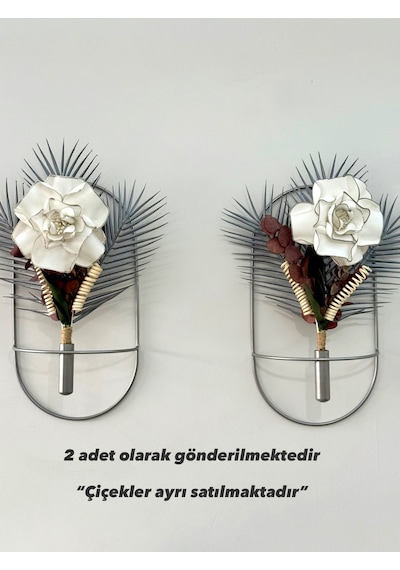 Oval Gümüş Çiçeklik 2 Adet , Modern Dekoratif Duvar Dekoru Metal Çiçeklik Gümüş