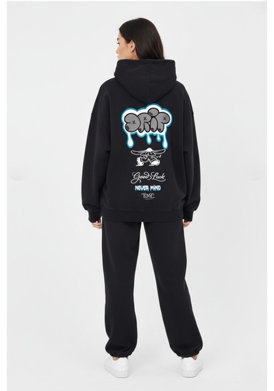 Nevermind Unisex Sevgili Çift Kombini Oversize Sırt Baskılı Grafik Hoodie Siyah