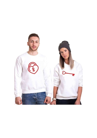Tshirthane Kalbimin Kilidi Sevgili Kombinleri Unisex Sweatshirt Kırık Beyaz